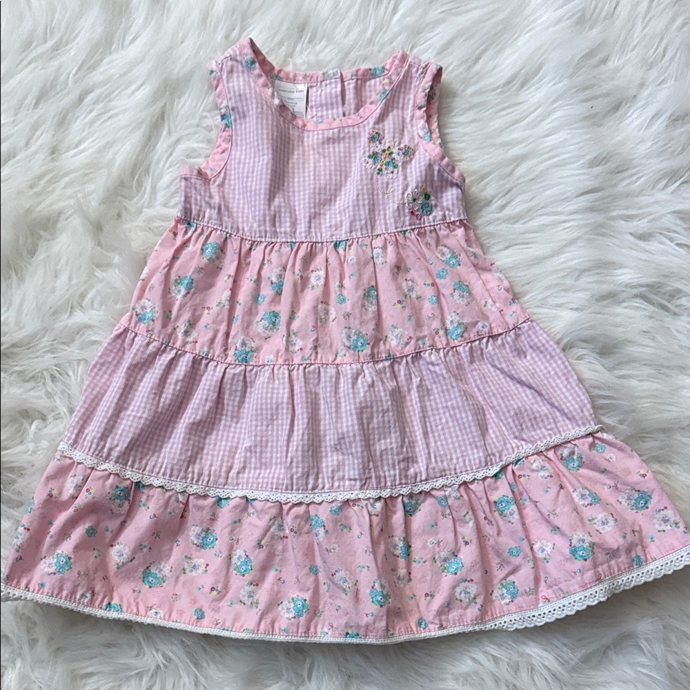 Wonderkids Pink Tiered Floral Cotton Dress with Blue Accents